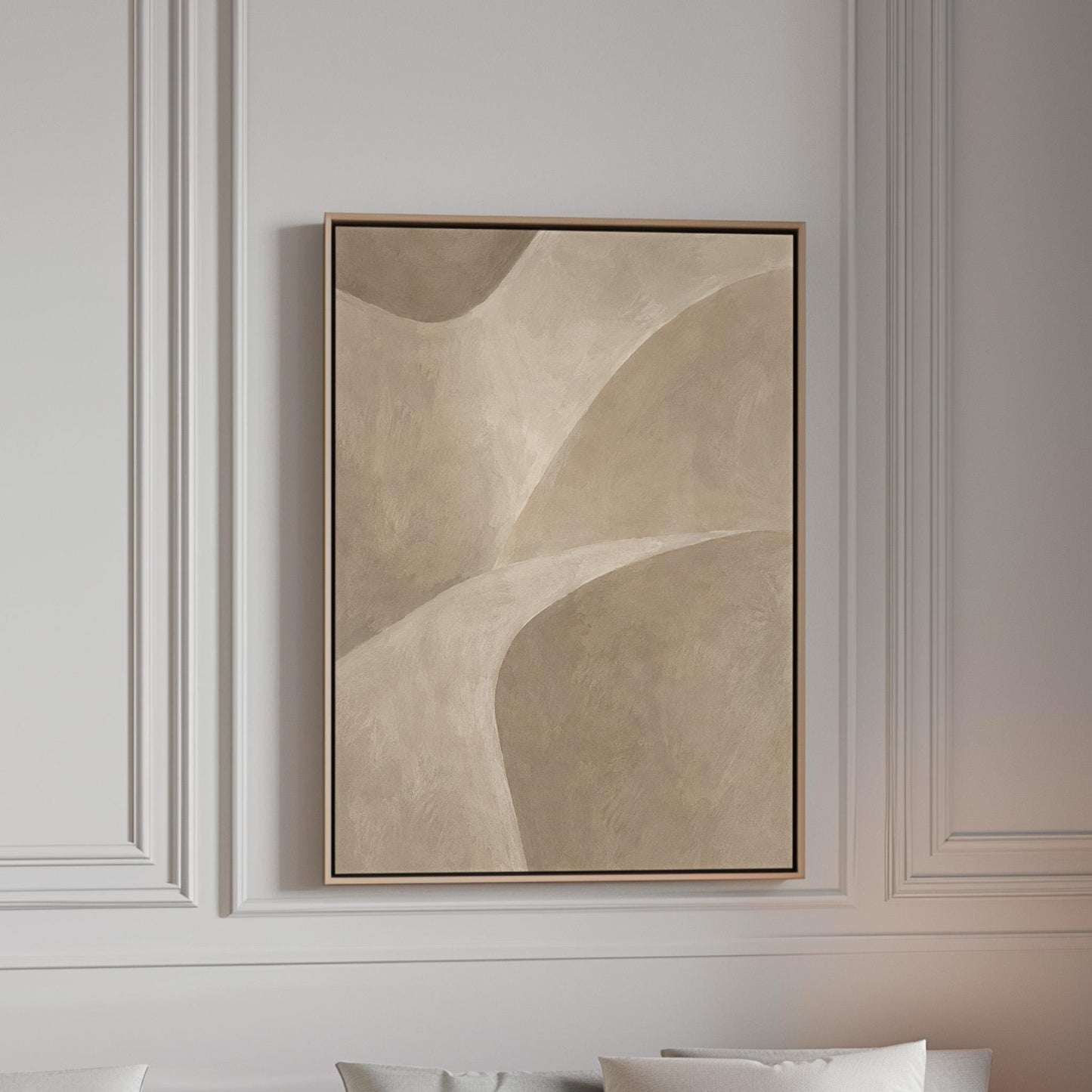 Minimal soft curved lines crossing taupe field, canvas print in a bright room with natural daylight