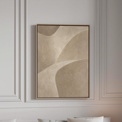 Minimal soft curved lines crossing taupe field, canvas print in a bright room with natural daylight