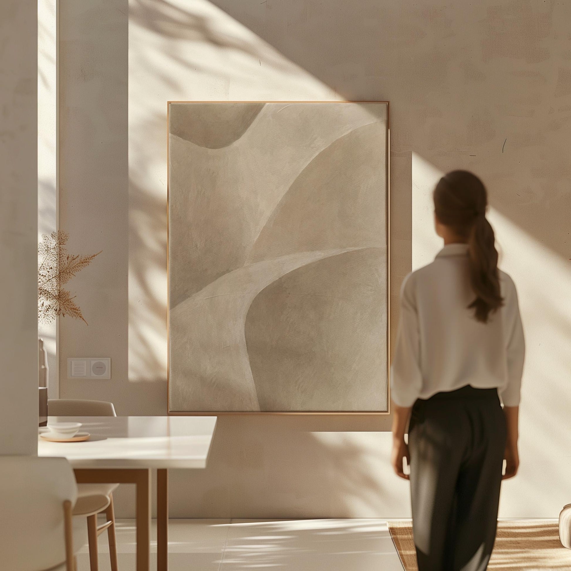 Minimal soft curved lines crossing taupe field, canvas print on a quiet wall in a considered interior