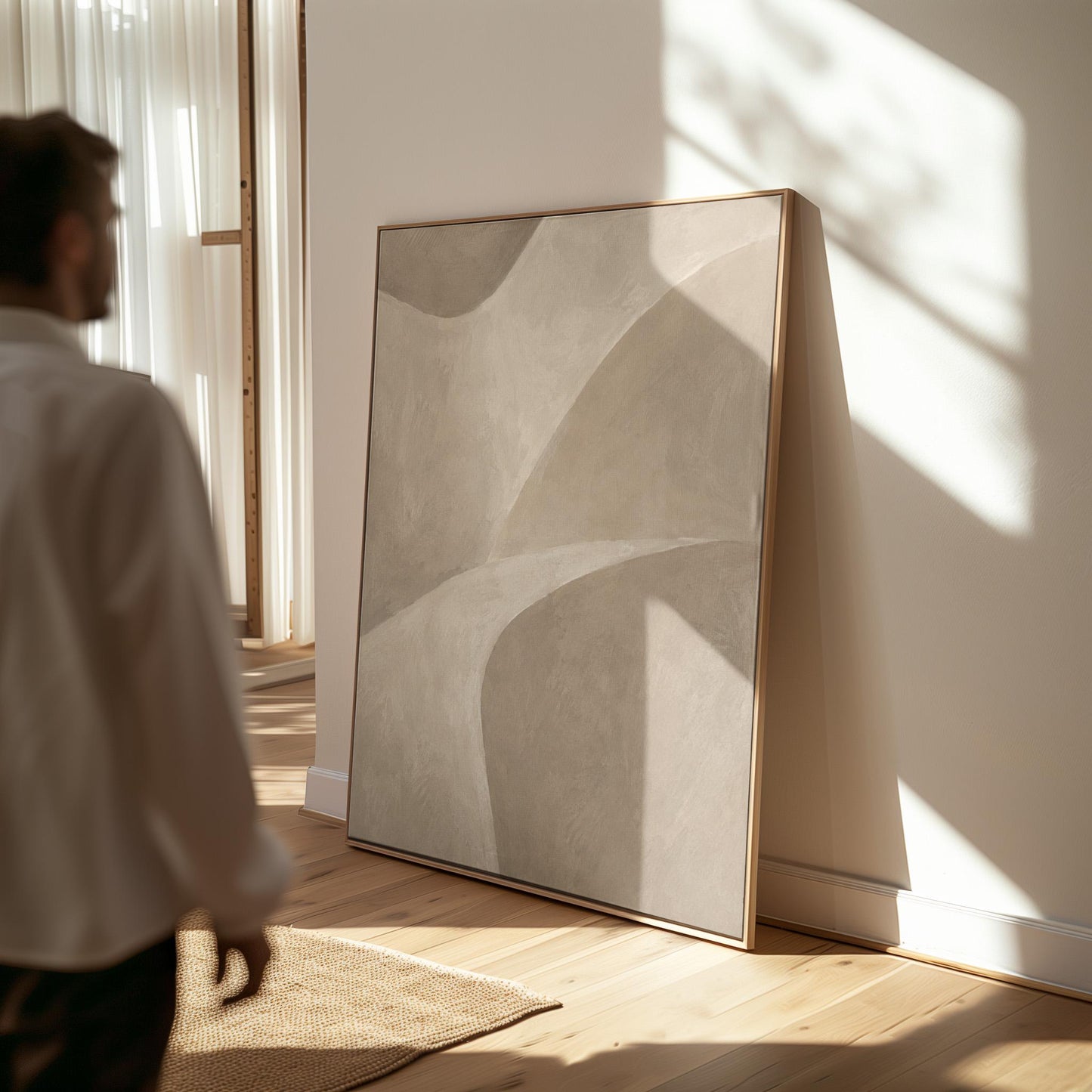 Minimal soft curved lines crossing taupe field, canvas print shown to scale in a furnished room