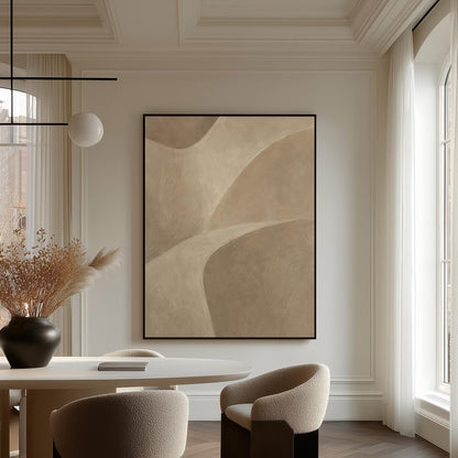 Minimal soft curved lines crossing taupe field, canvas wall art on a quiet wall in a considered interior
