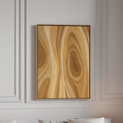 Concentric swirling lines in amber and caramel, canvas print in a bright room with natural daylight