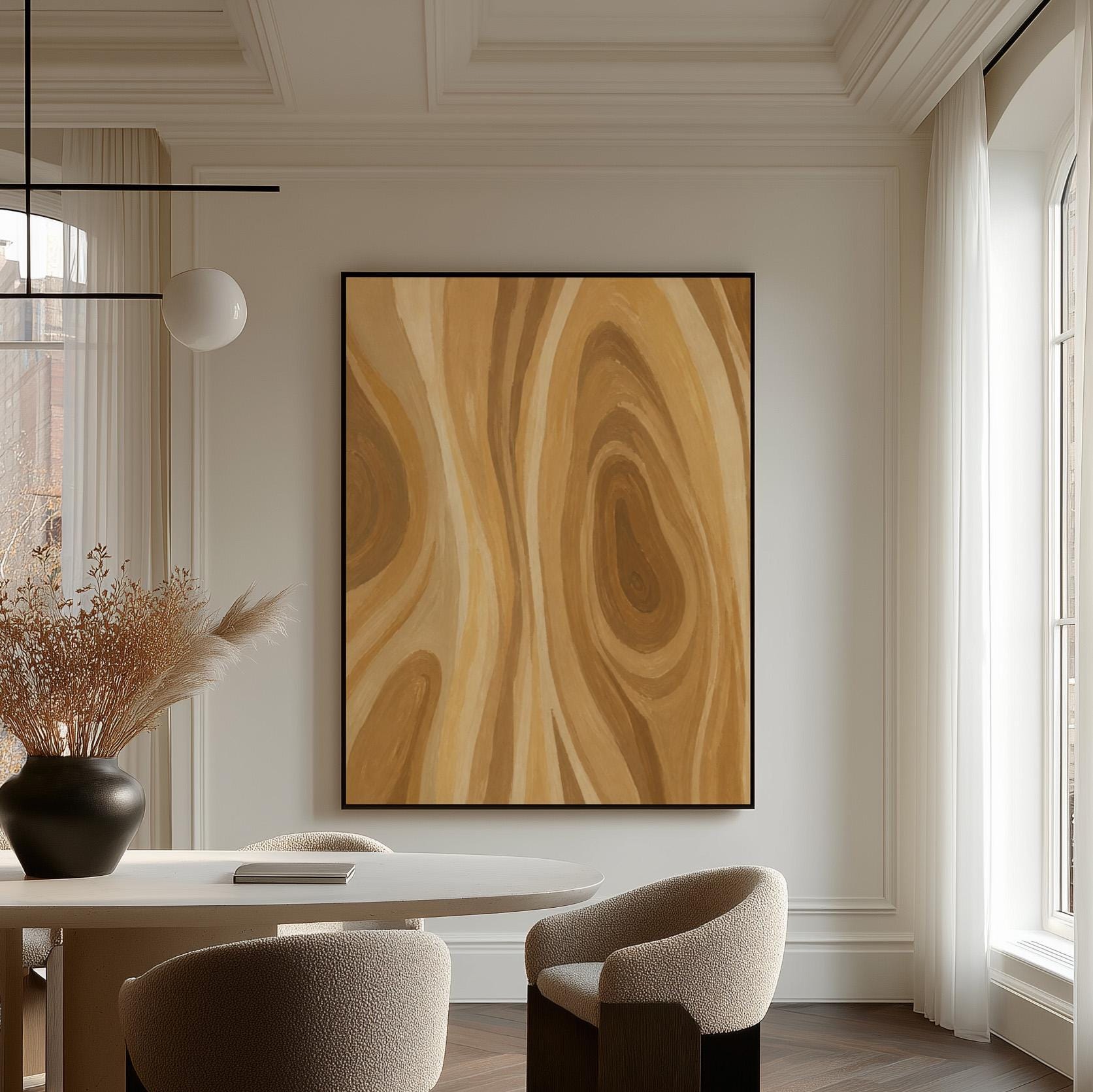 Concentric swirling lines in amber and caramel, canvas print shown in a sunlit, contemporary room