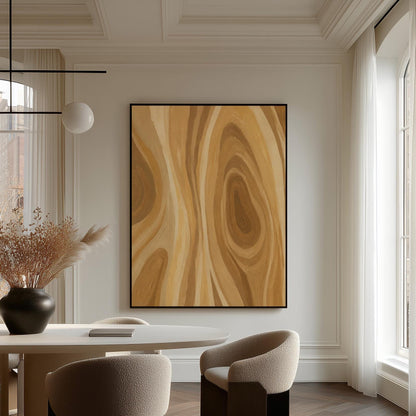 Concentric swirling lines in amber and caramel, canvas print shown in a sunlit, contemporary room