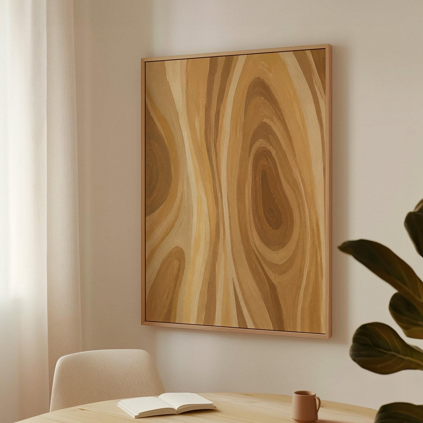 Concentric swirling lines in amber and caramel, canvas wall art seen in a warm interior with natural light