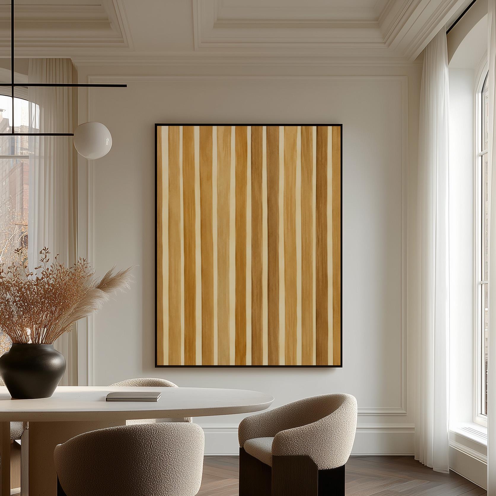 Vertical golden slat stripes in honey tones, canvas print styled against a soft white wall