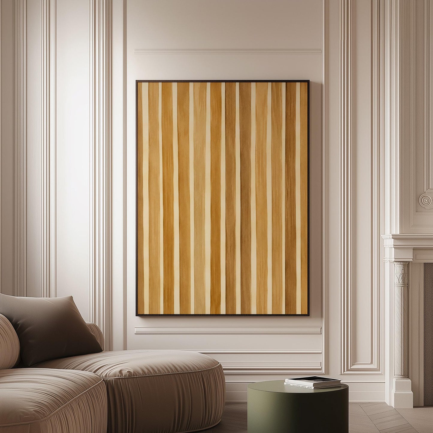 Vertical golden slat stripes in honey tones, canvas print on a softly lit wall in a calm interior