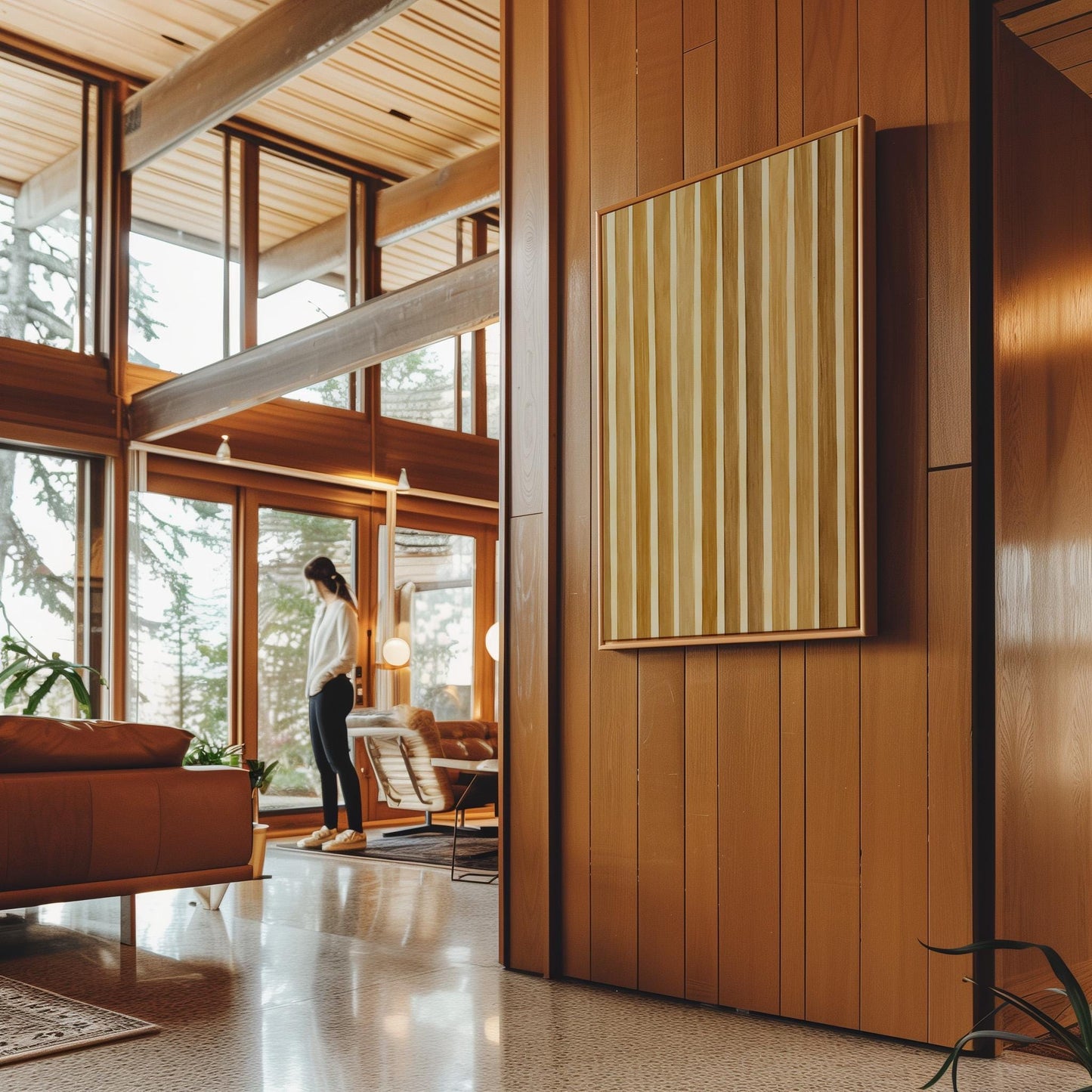 Vertical golden slat stripes in honey tones, canvas print on a quiet wall in a considered interior