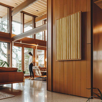 Vertical golden slat stripes in honey tones, canvas print on a quiet wall in a considered interior