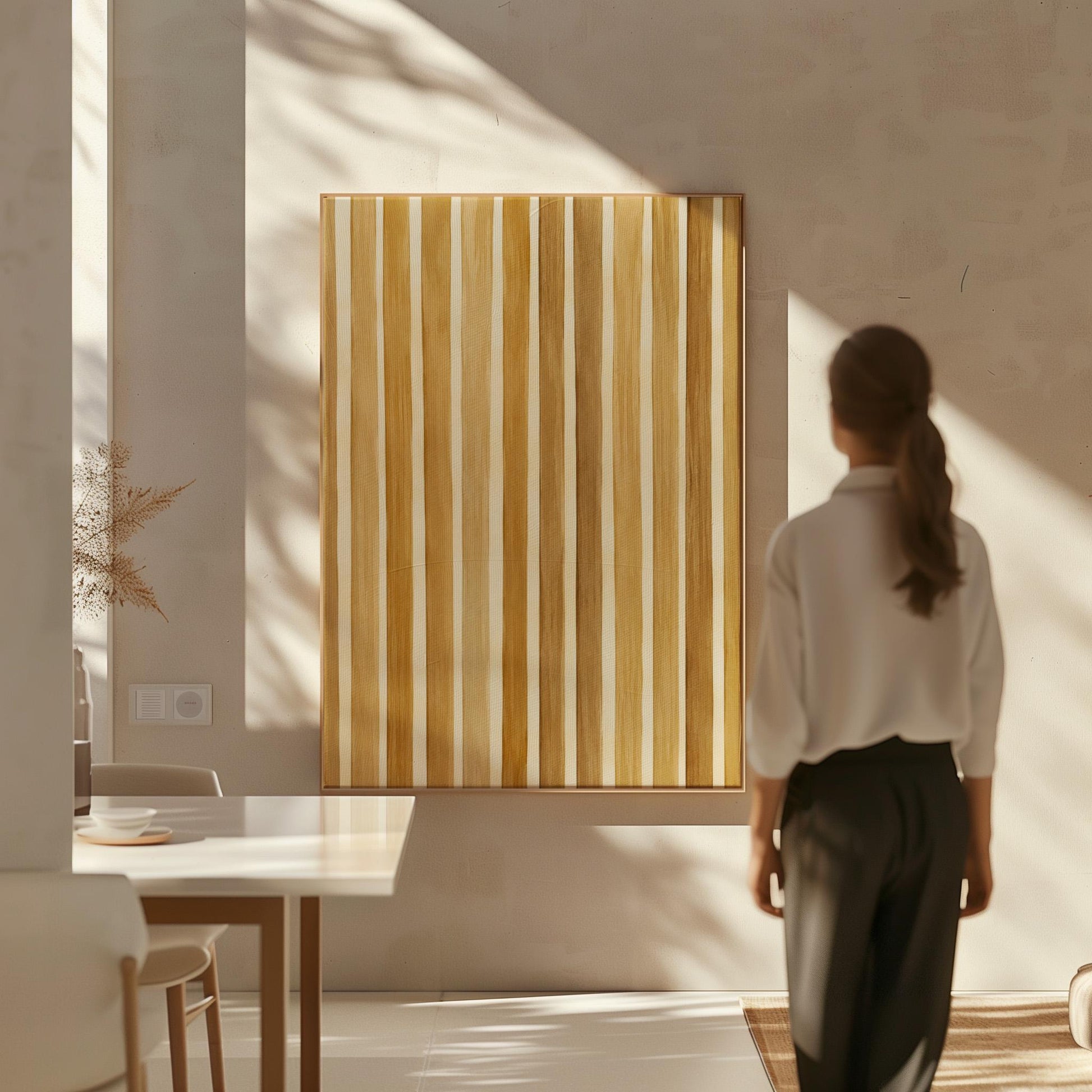 Vertical golden slat stripes in honey tones, canvas wall art on a quiet wall in a considered interior