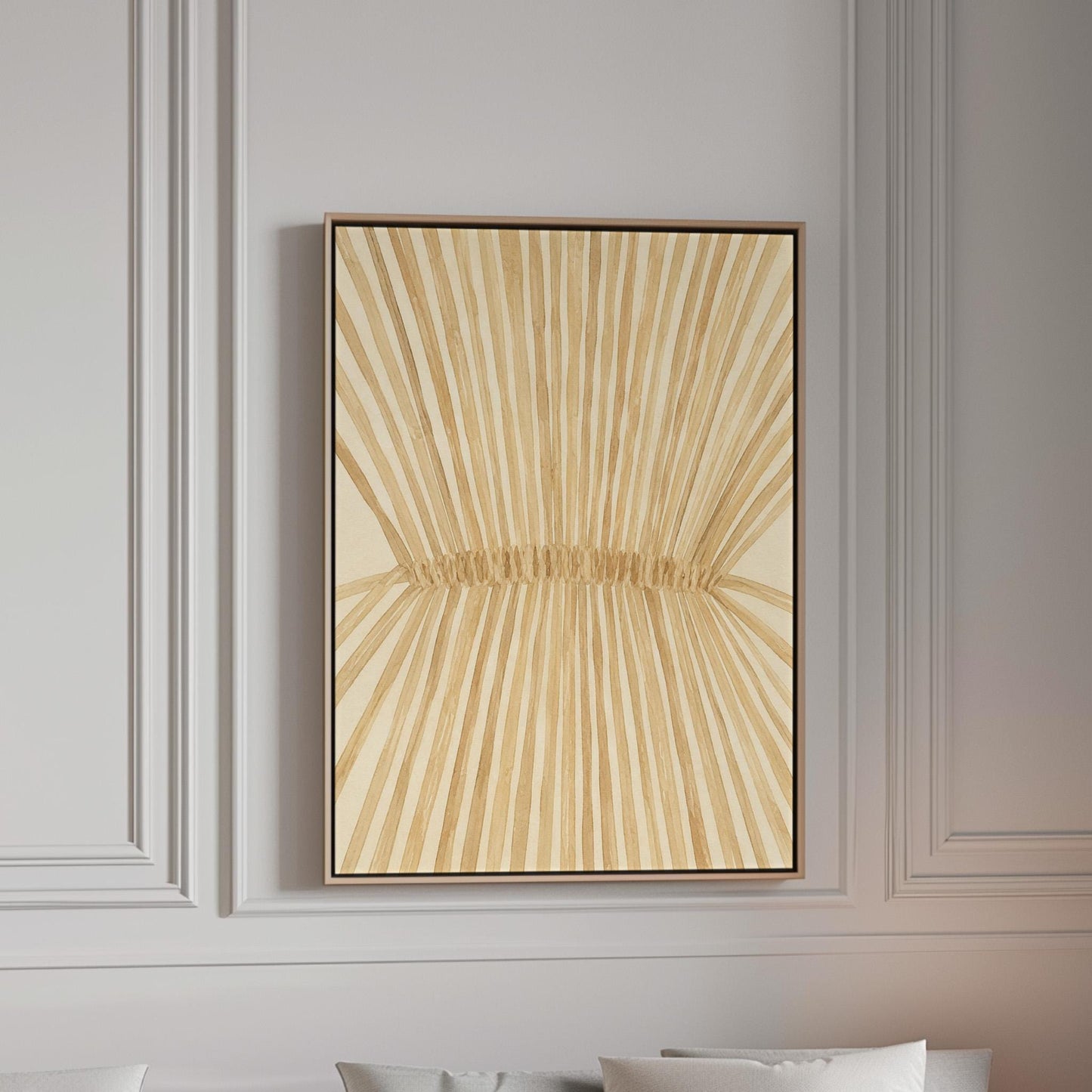 Wheat sheaf with rays fanning from bound center, canvas print in a bright room with natural daylight