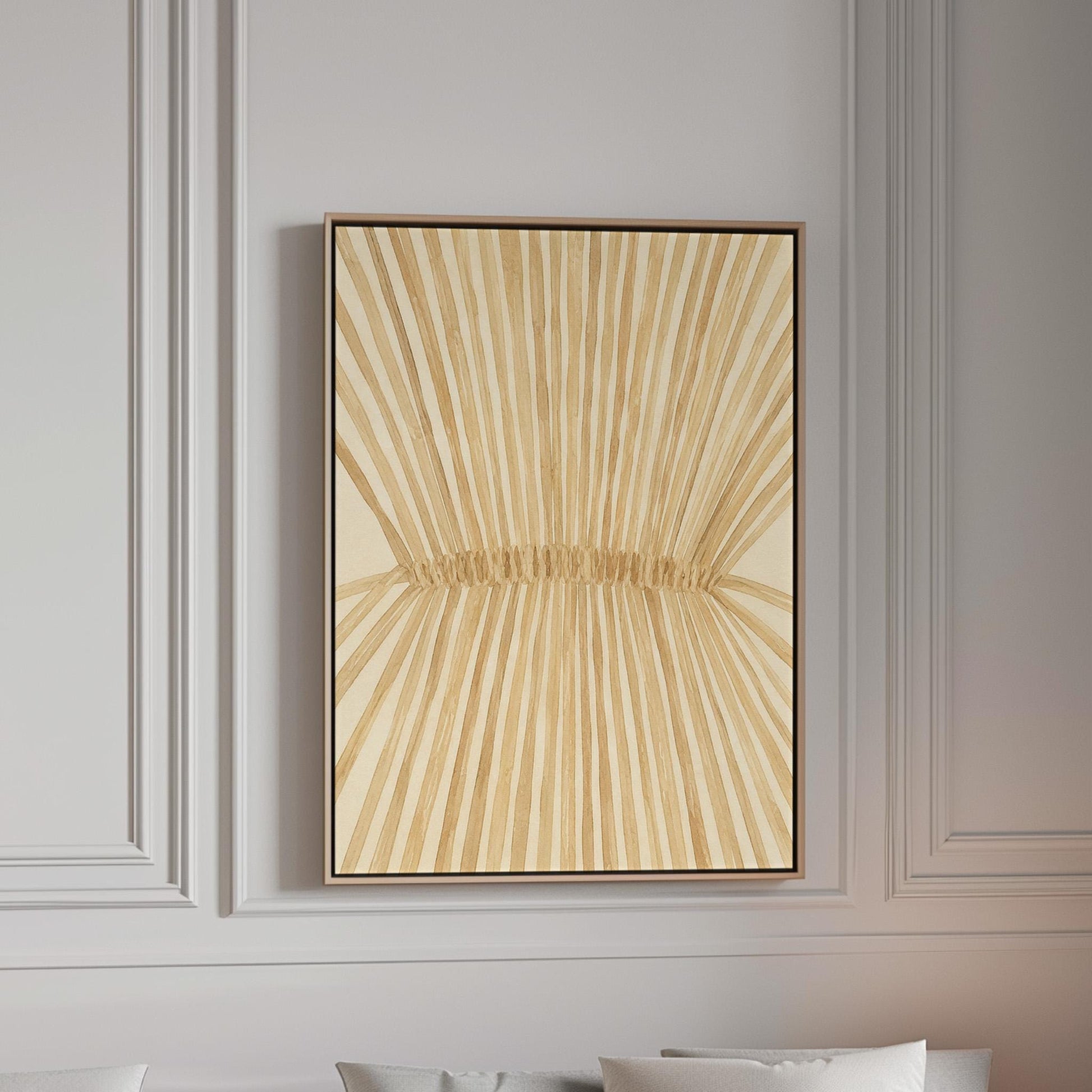 Wheat sheaf with rays fanning from bound center, canvas print in a bright room with natural daylight