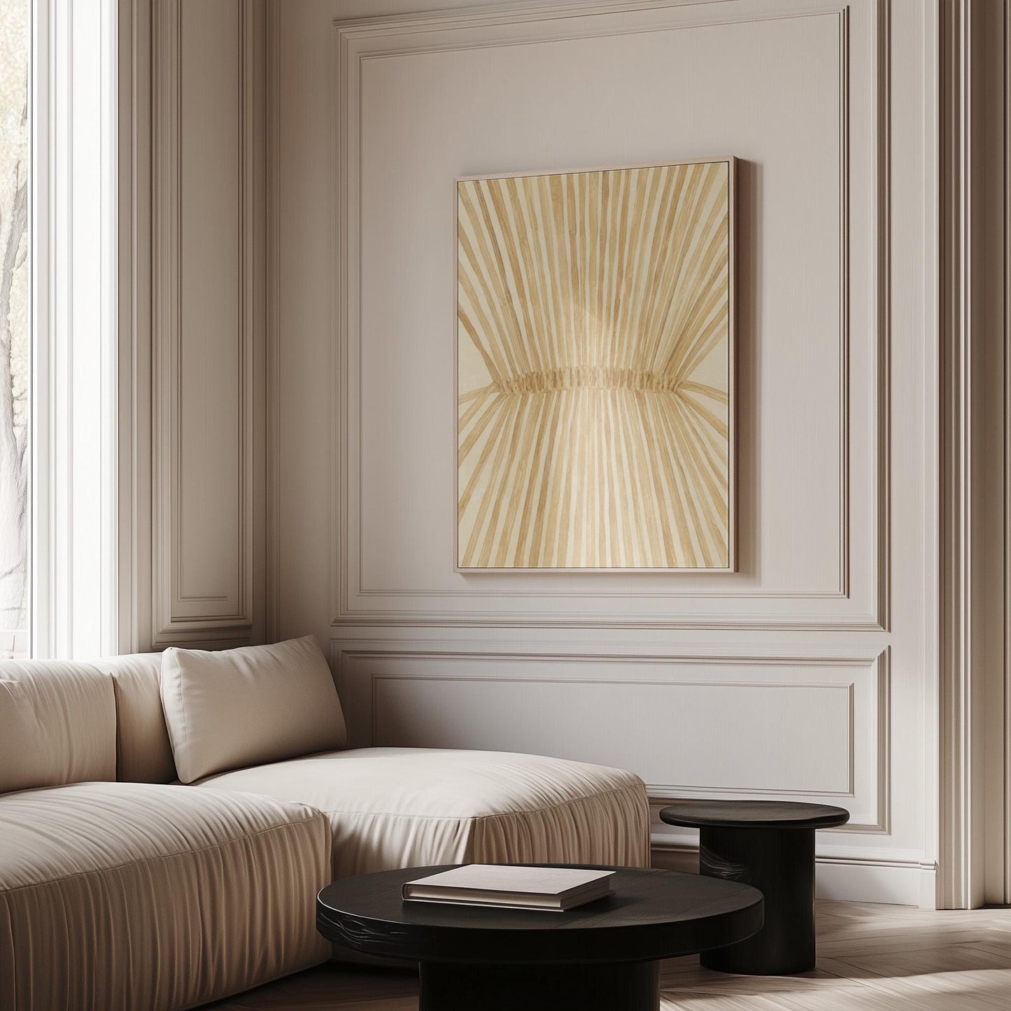 Wheat sheaf with rays fanning from bound center, canvas print hanging in a calm, modern living space