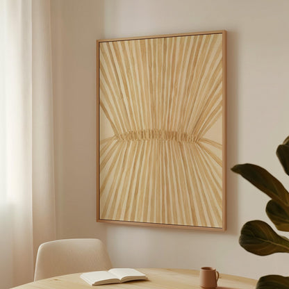 Wheat sheaf with rays fanning from bound center, canvas print styled against a soft white wall