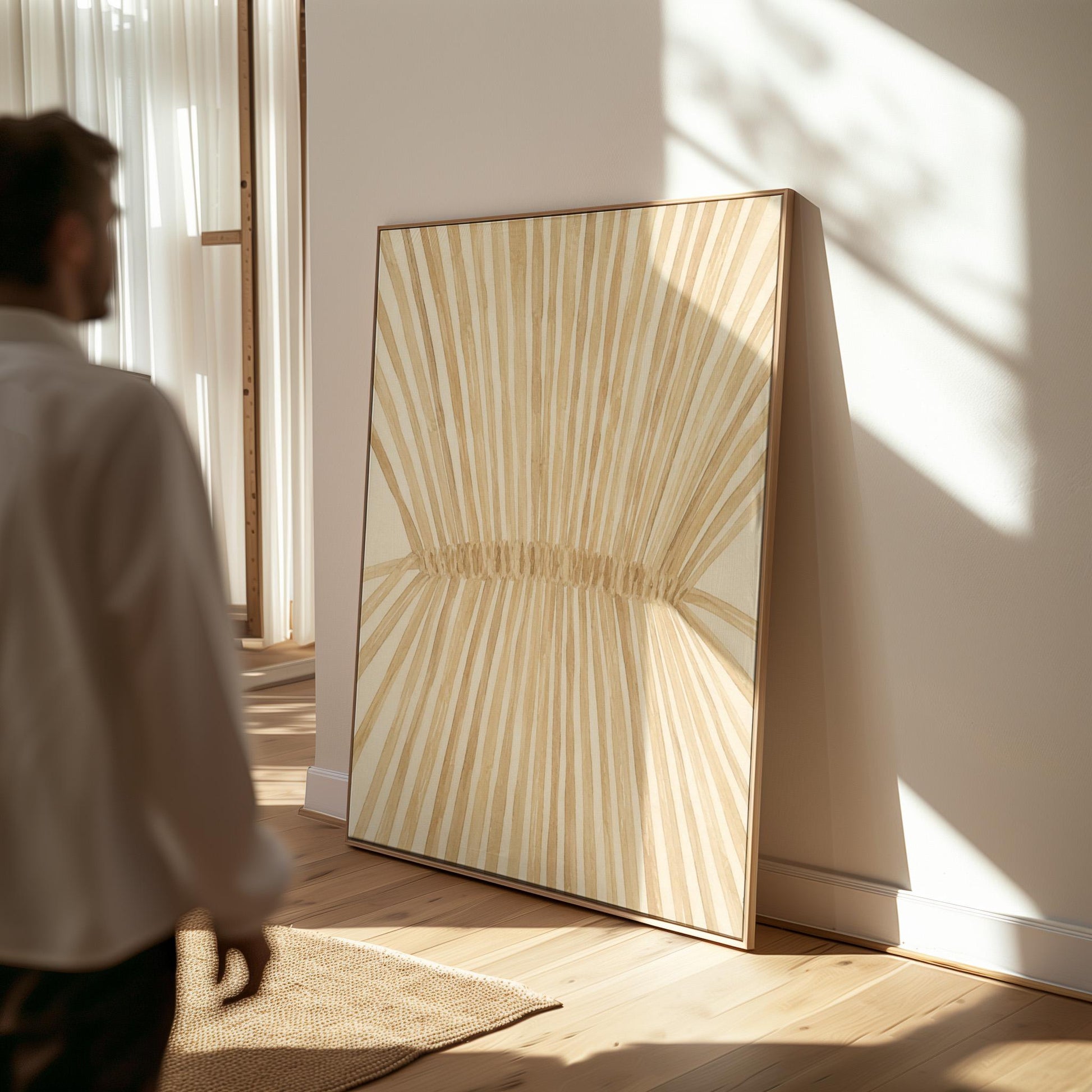 Wheat sheaf with rays fanning from bound center, canvas print seen in a warm interior with natural light