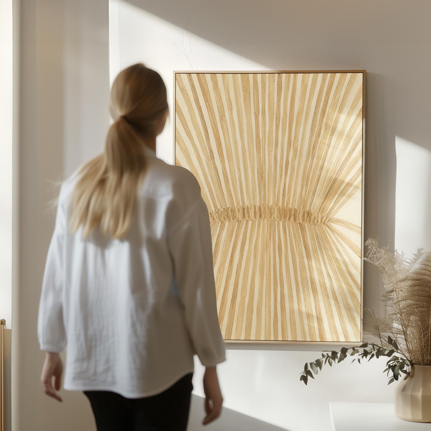 Wheat sheaf with rays fanning from bound center, canvas print on a quiet wall in a considered interior