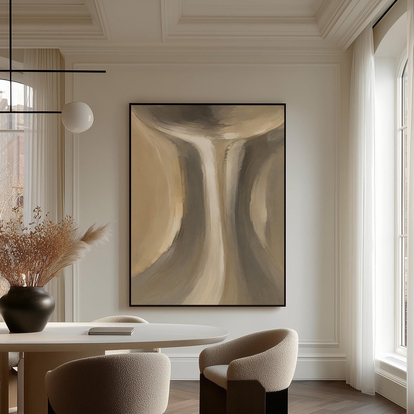 Elegant hourglass curve form in gray and taupe, canvas print styled against a soft white wall