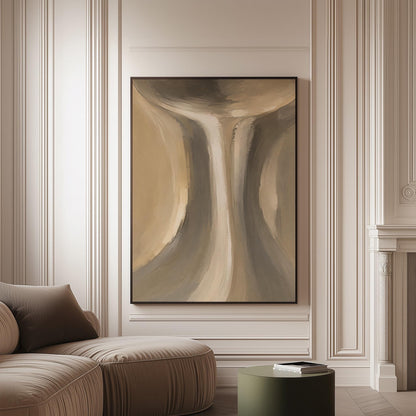 Elegant hourglass curve form in gray and taupe, canvas print on a softly lit wall in a calm interior