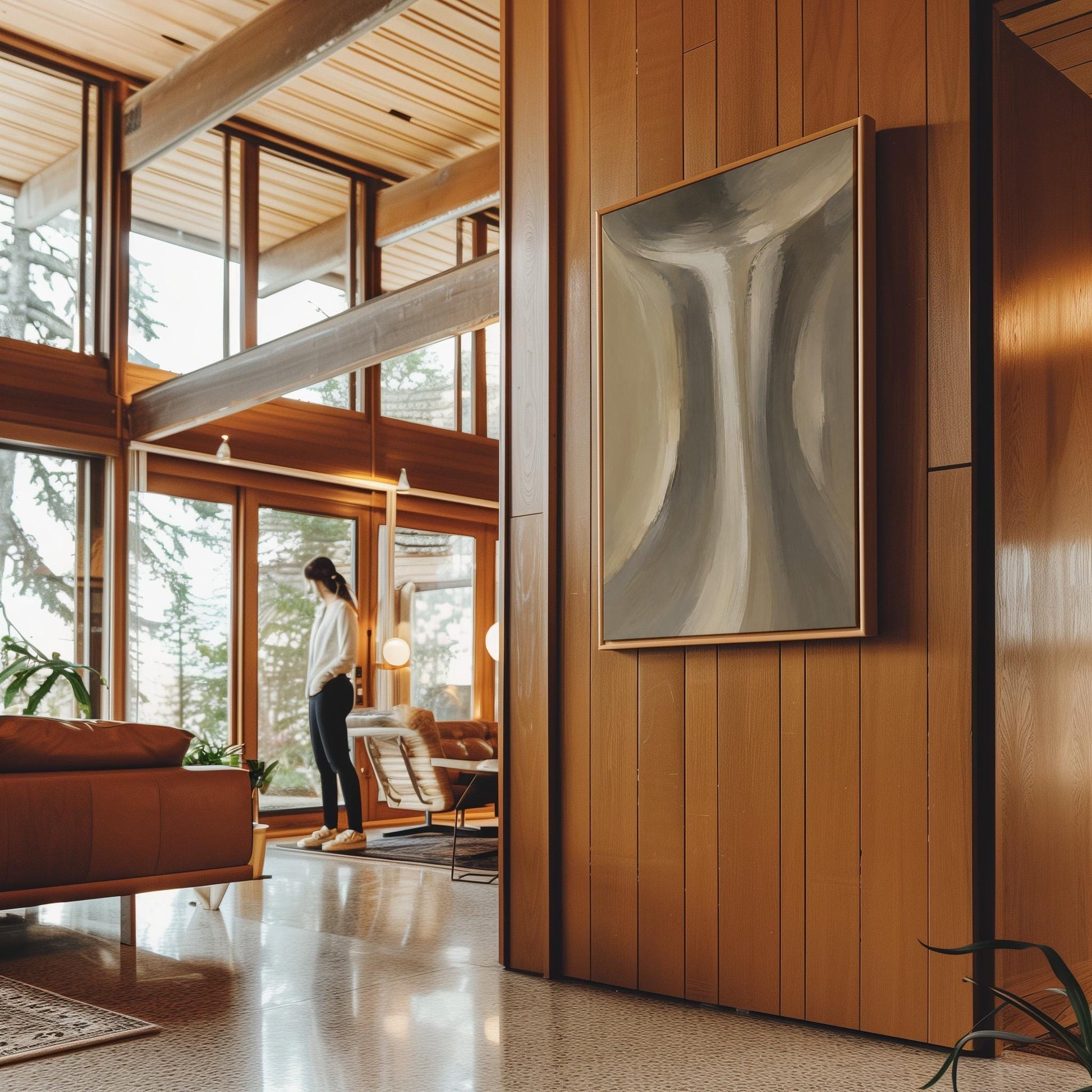 Elegant hourglass curve form in gray and taupe, canvas print on a quiet wall in a considered interior