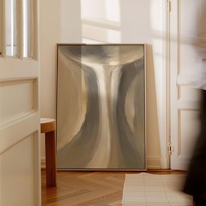 Elegant hourglass curve form in gray and taupe, canvas wall art styled against a soft white wall