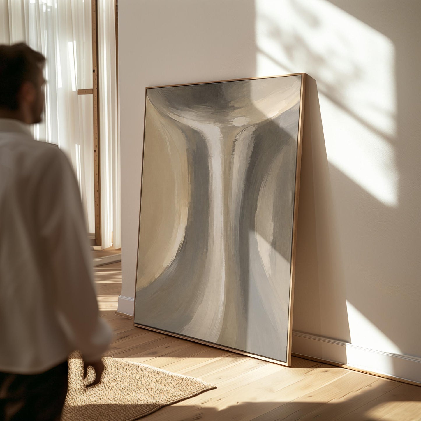 Elegant hourglass curve form in gray and taupe, canvas wall art presented in a light, minimal room