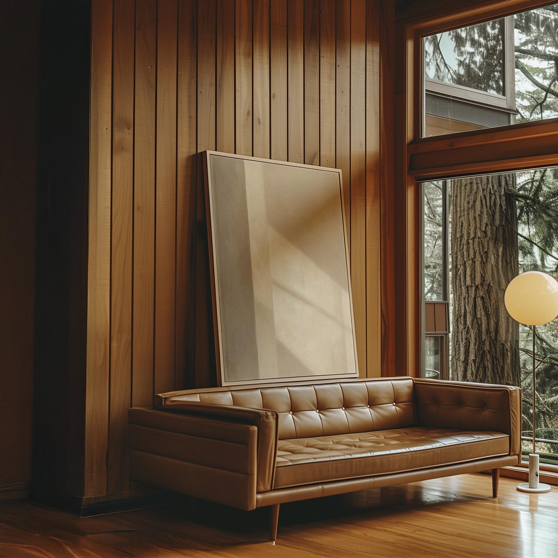 Vertical bands of light and shadow on warm beige, canvas print hanging in a calm, modern living space