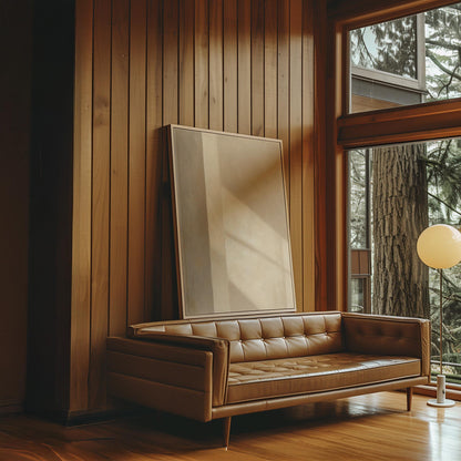 Vertical bands of light and shadow on warm beige, canvas print hanging in a calm, modern living space