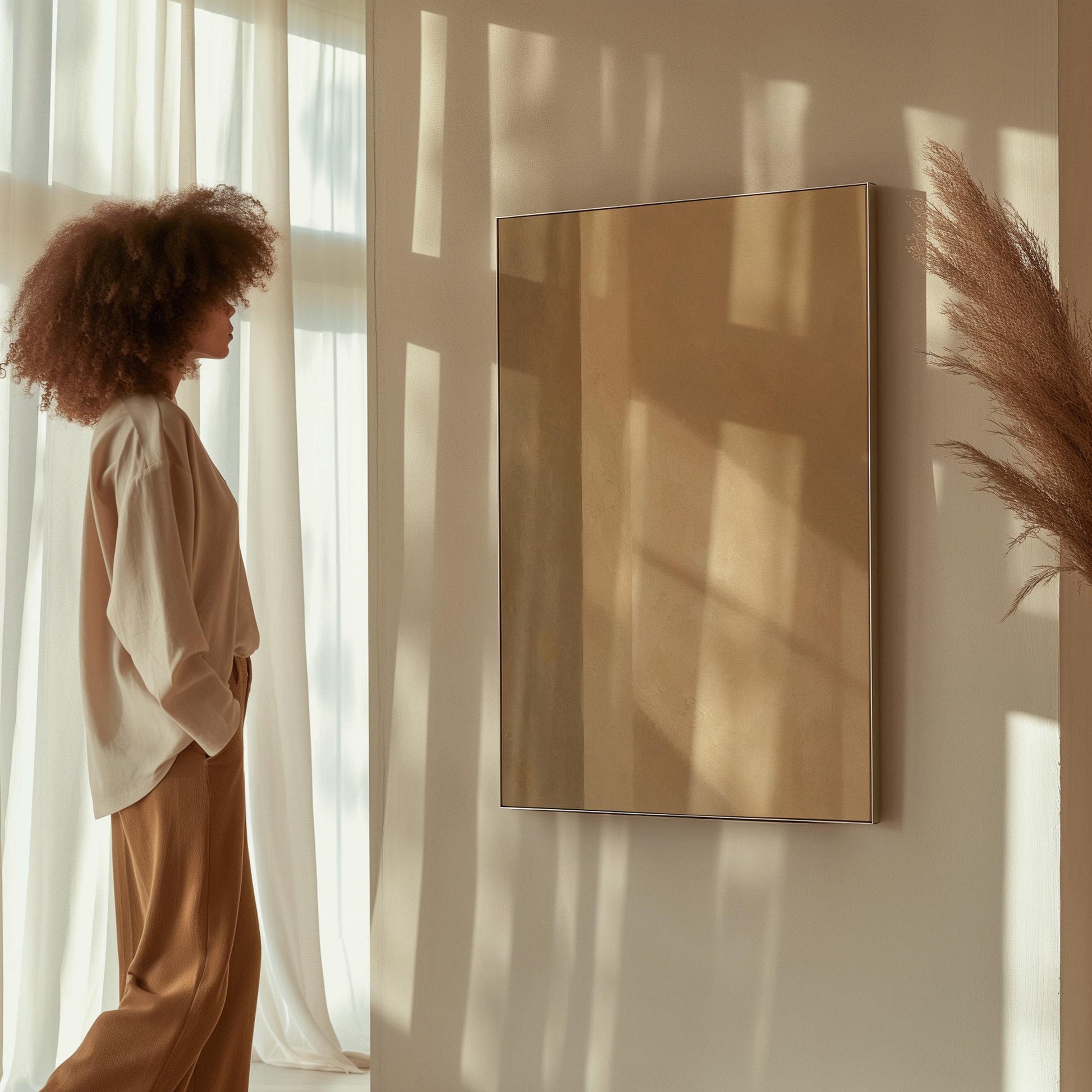 Vertical bands of light and shadow on warm beige, canvas print shown to scale in a furnished room