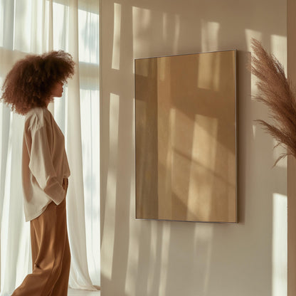 Vertical bands of light and shadow on warm beige, canvas print shown to scale in a furnished room