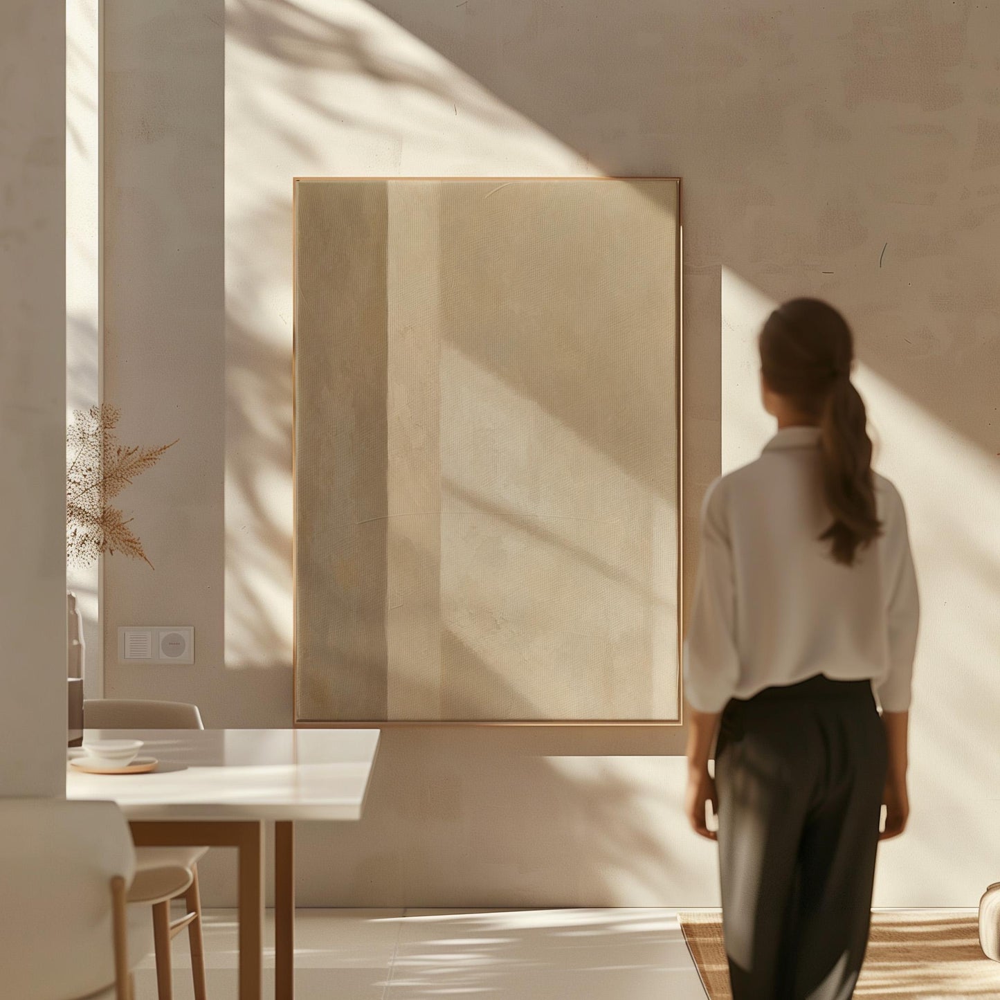 Vertical bands of light and shadow on warm beige, canvas wall art styled against a soft white wall