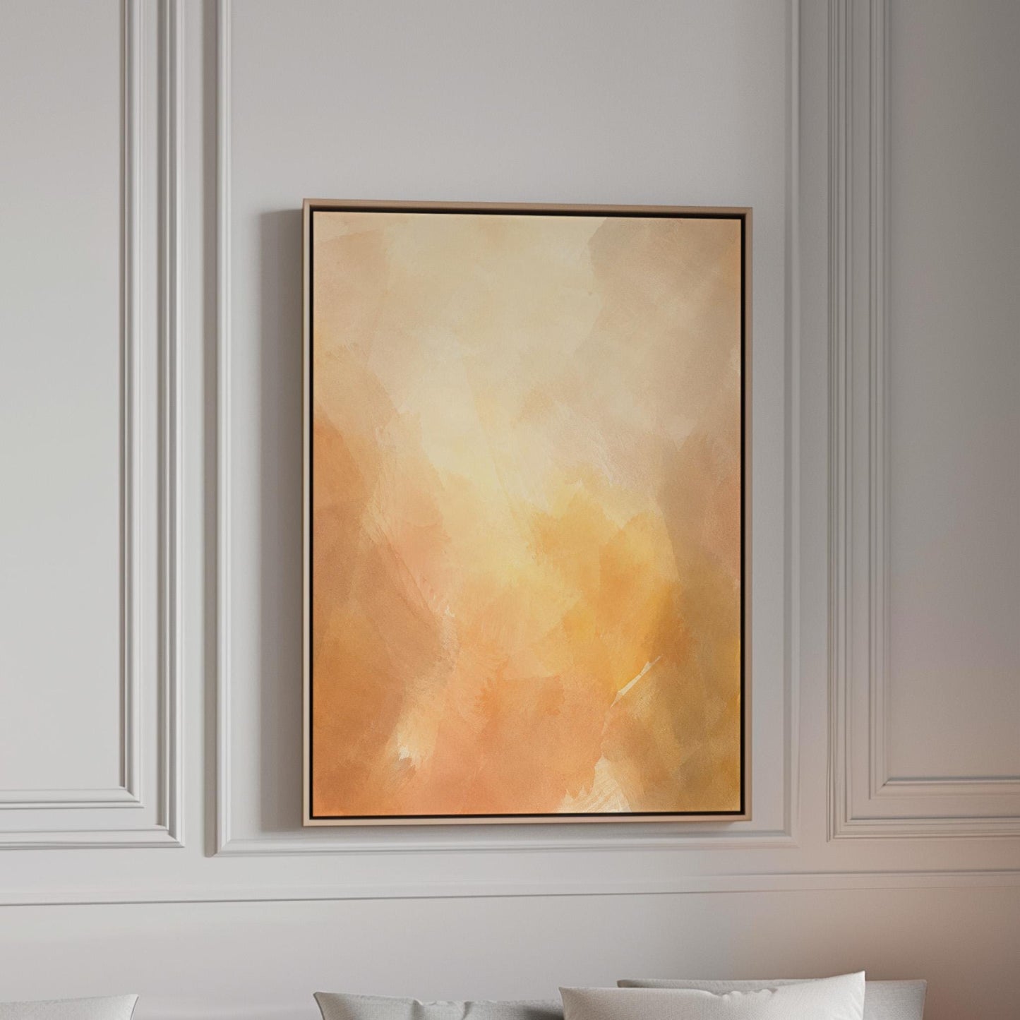 Radiant golden peach glow like hazy sunrise, canvas print in a bright room with natural daylight