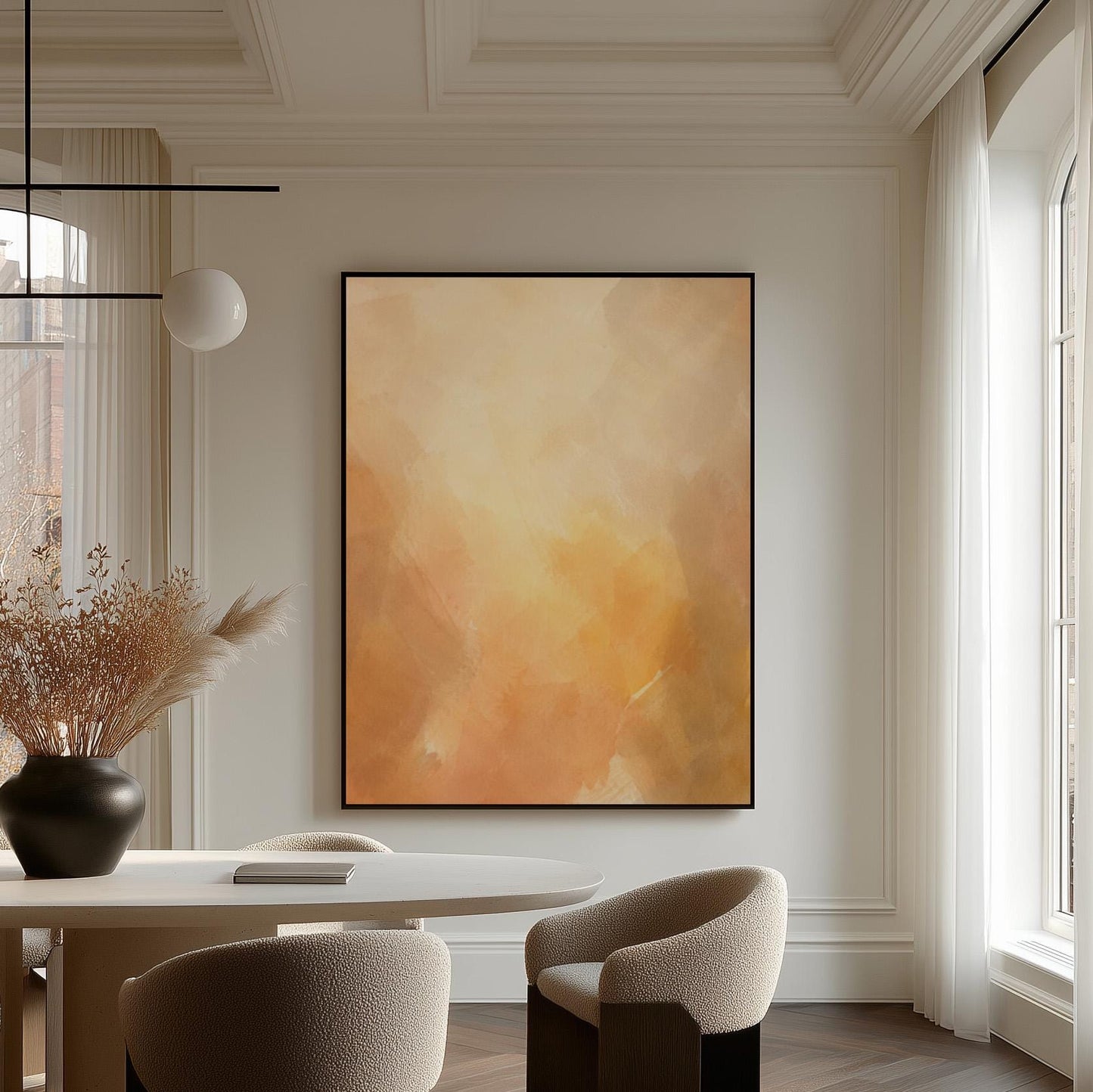 Radiant golden peach glow like hazy sunrise, canvas print styled against a soft white wall