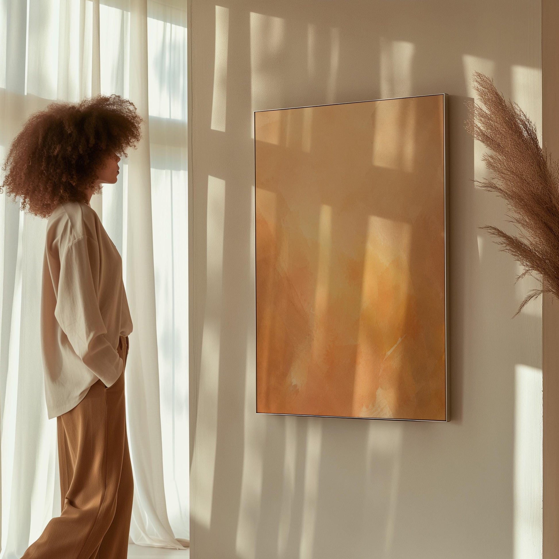 Radiant golden peach glow like hazy sunrise, canvas print seen in a warm interior with natural light