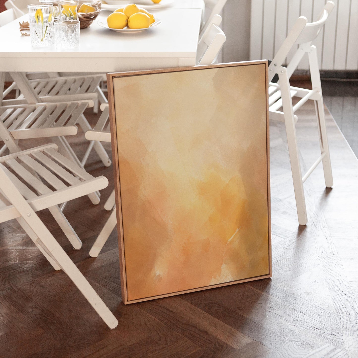 Radiant golden peach glow like hazy sunrise, canvas print on a quiet wall in a considered interior