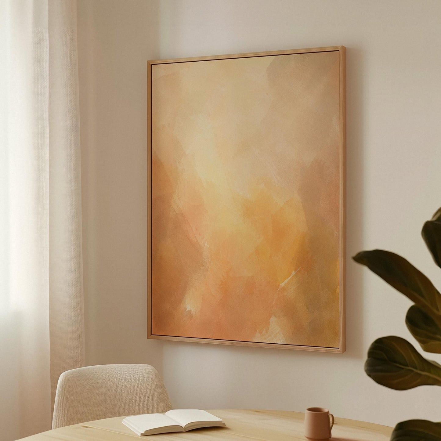 Radiant golden peach glow like hazy sunrise, canvas print shown to scale in a furnished room