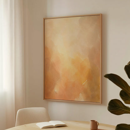Radiant golden peach glow like hazy sunrise, canvas print shown to scale in a furnished room
