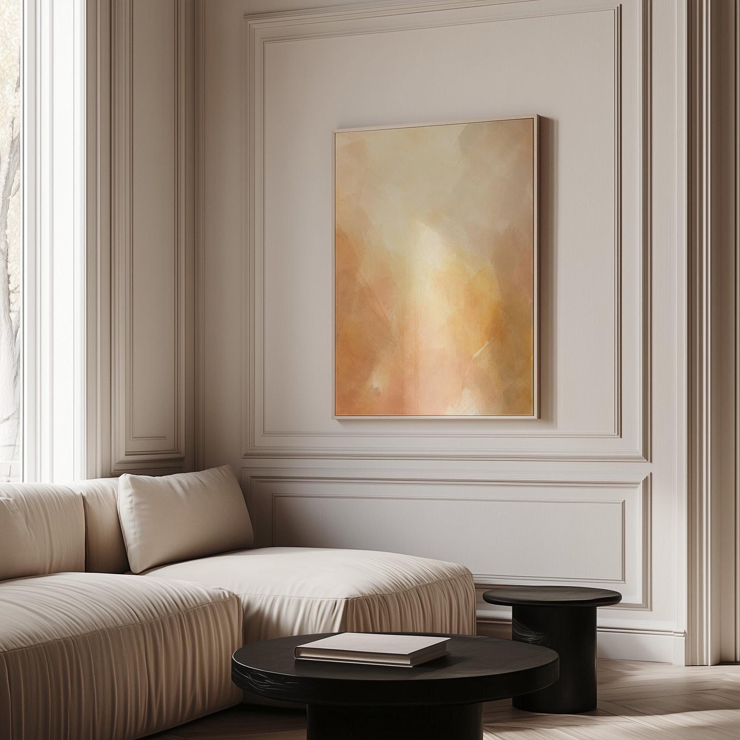 Radiant golden peach glow like hazy sunrise, canvas print displayed on a neutral wall in a styled interior