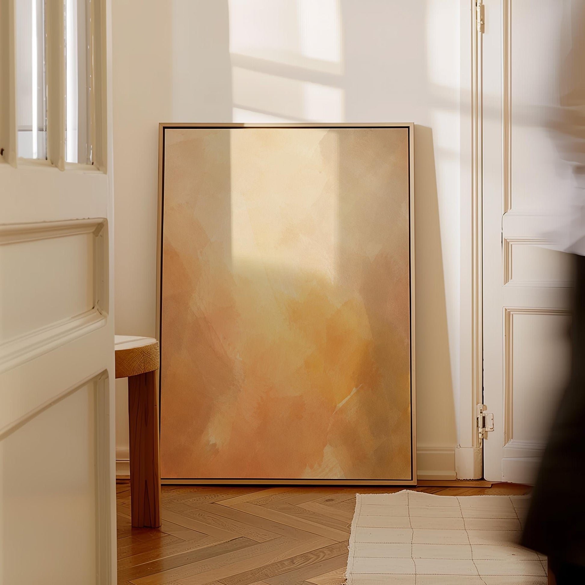 Radiant golden peach glow like hazy sunrise, canvas wall art on a quiet wall in a considered interior
