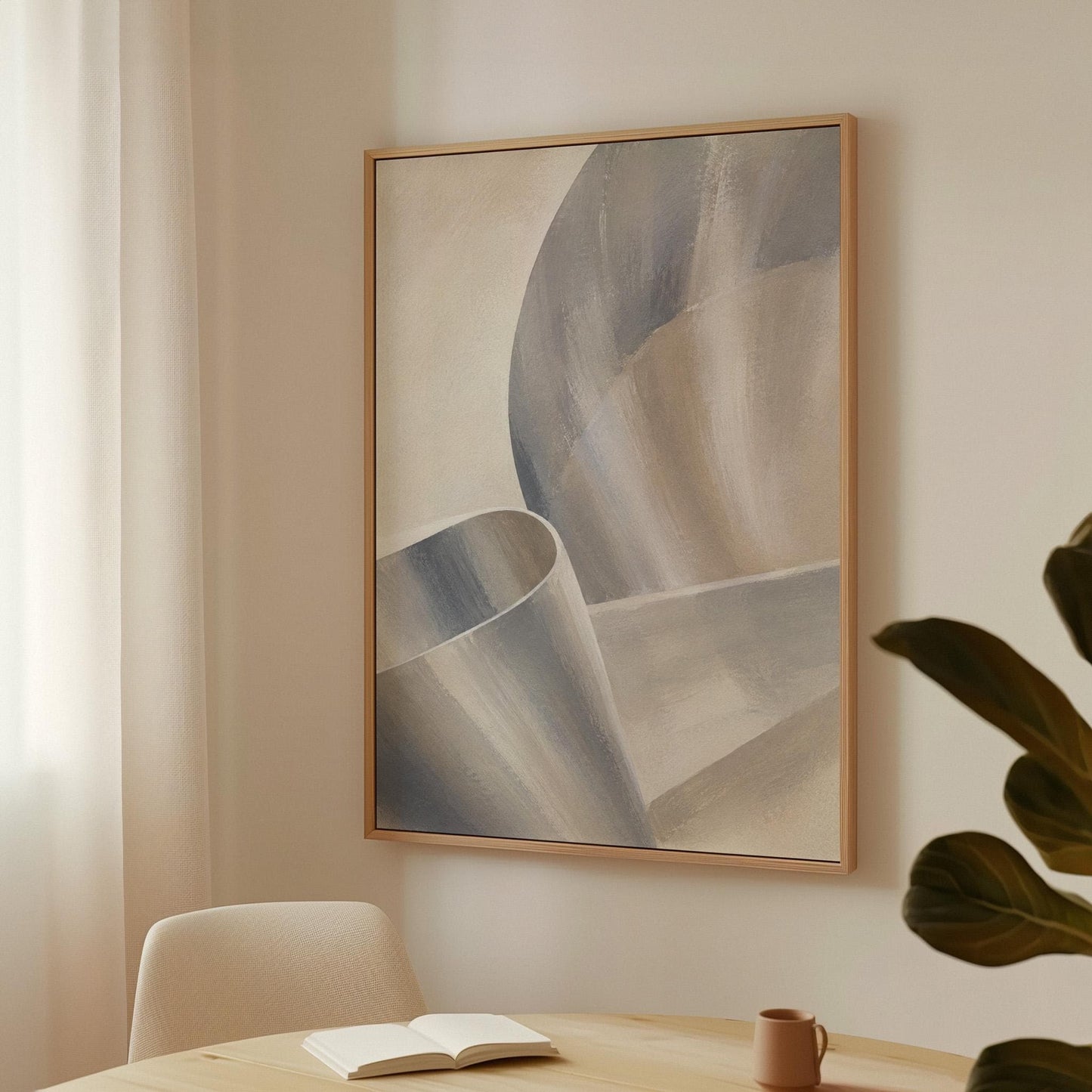 Graceful ribbon curves in silver and pale blue, canvas print seen in a warm interior with natural light