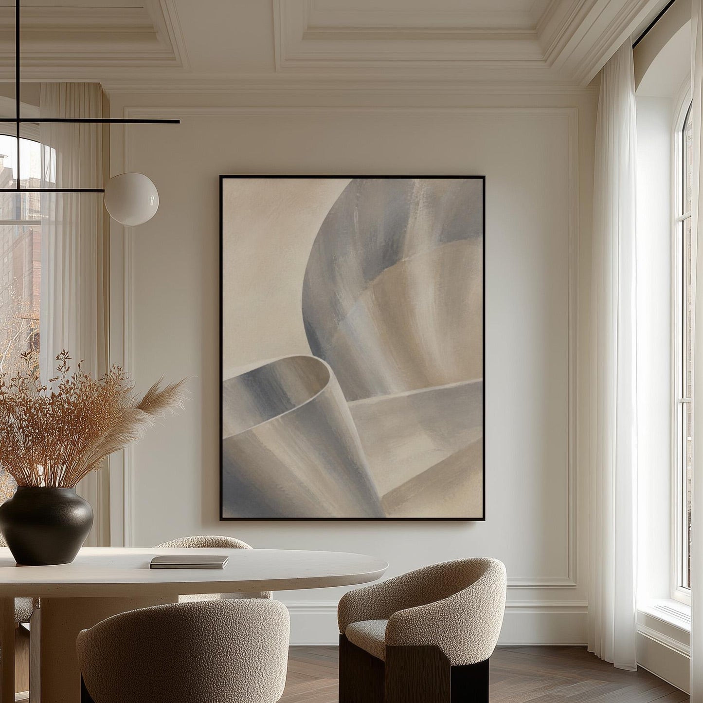 Graceful ribbon curves in silver and pale blue, canvas print displayed on a neutral wall in a styled interior