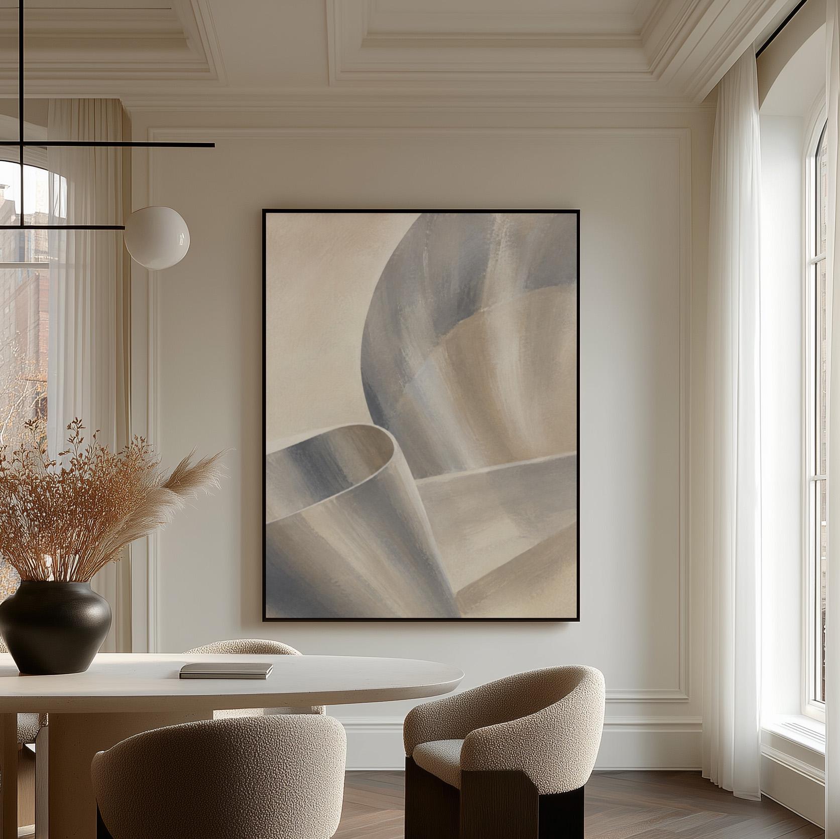 Graceful ribbon curves in silver and pale blue, canvas print displayed on a neutral wall in a styled interior