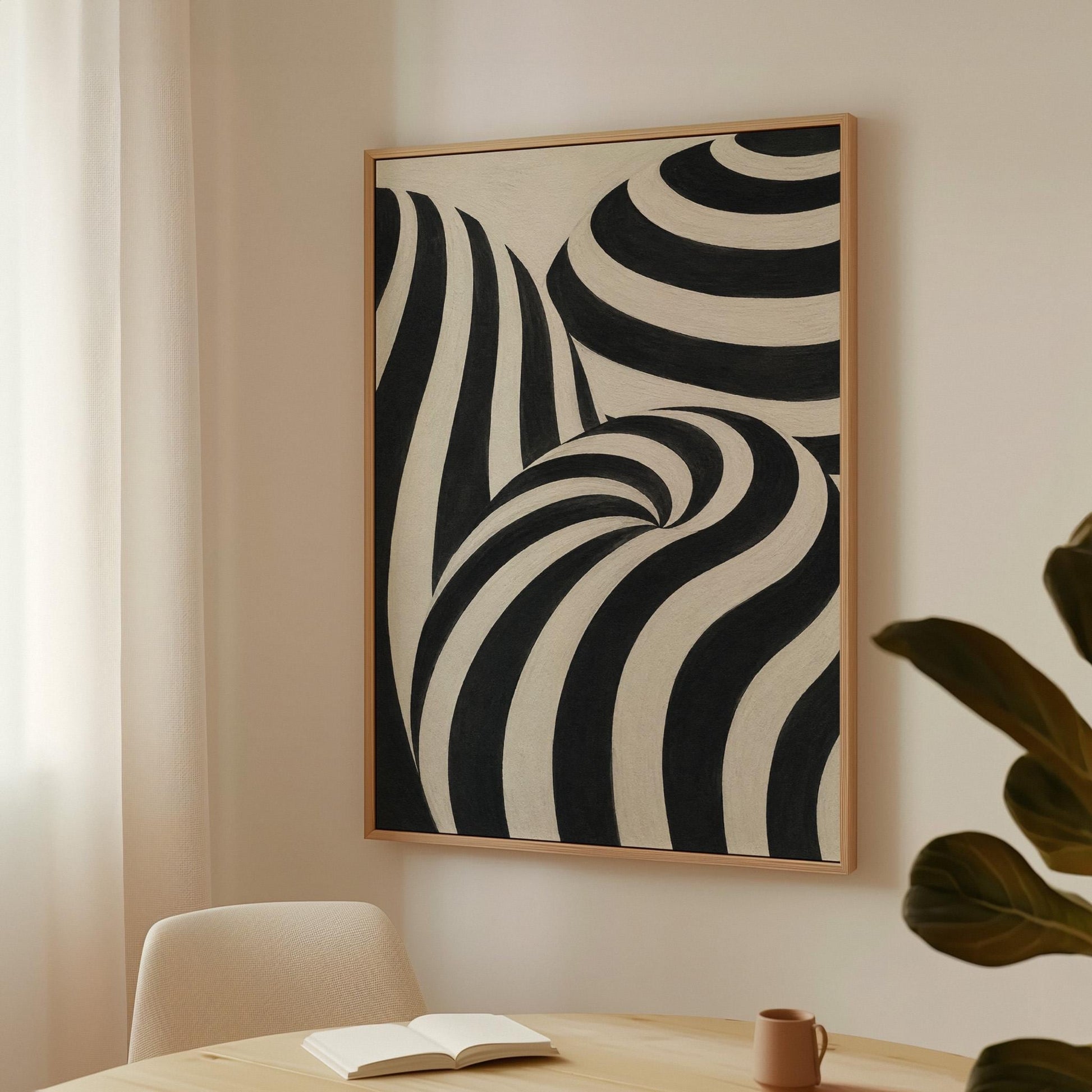 Swirling black and white striped forms, canvas print on a quiet wall in a considered interior