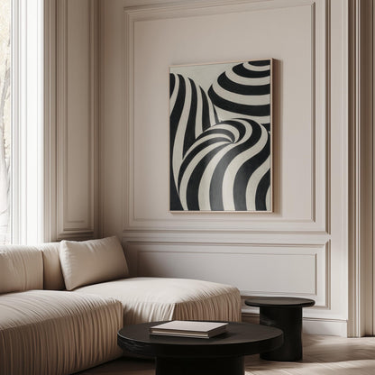 Swirling black and white striped forms, canvas print displayed on a neutral wall in a styled interior