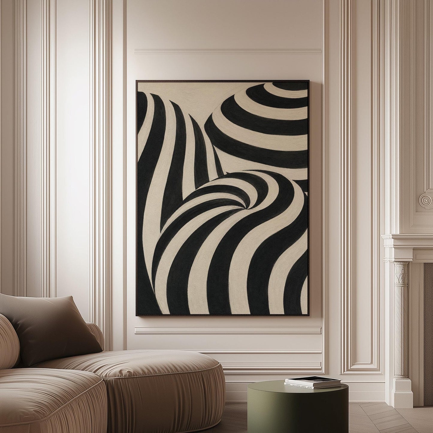 Swirling black and white striped forms, canvas print on a softly lit wall in a calm interior