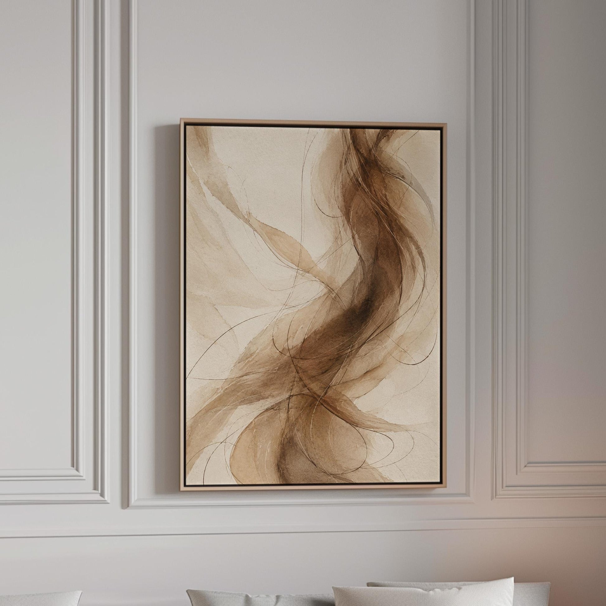 Wispy brown strands flowing across cream background, canvas print in a bright room with natural daylight