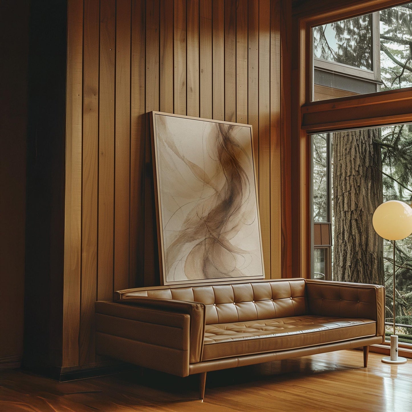 Wispy brown strands flowing across cream background, canvas print seen in a warm interior with natural light