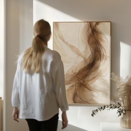 Wispy brown strands flowing across cream background, canvas print shown to scale in a furnished room