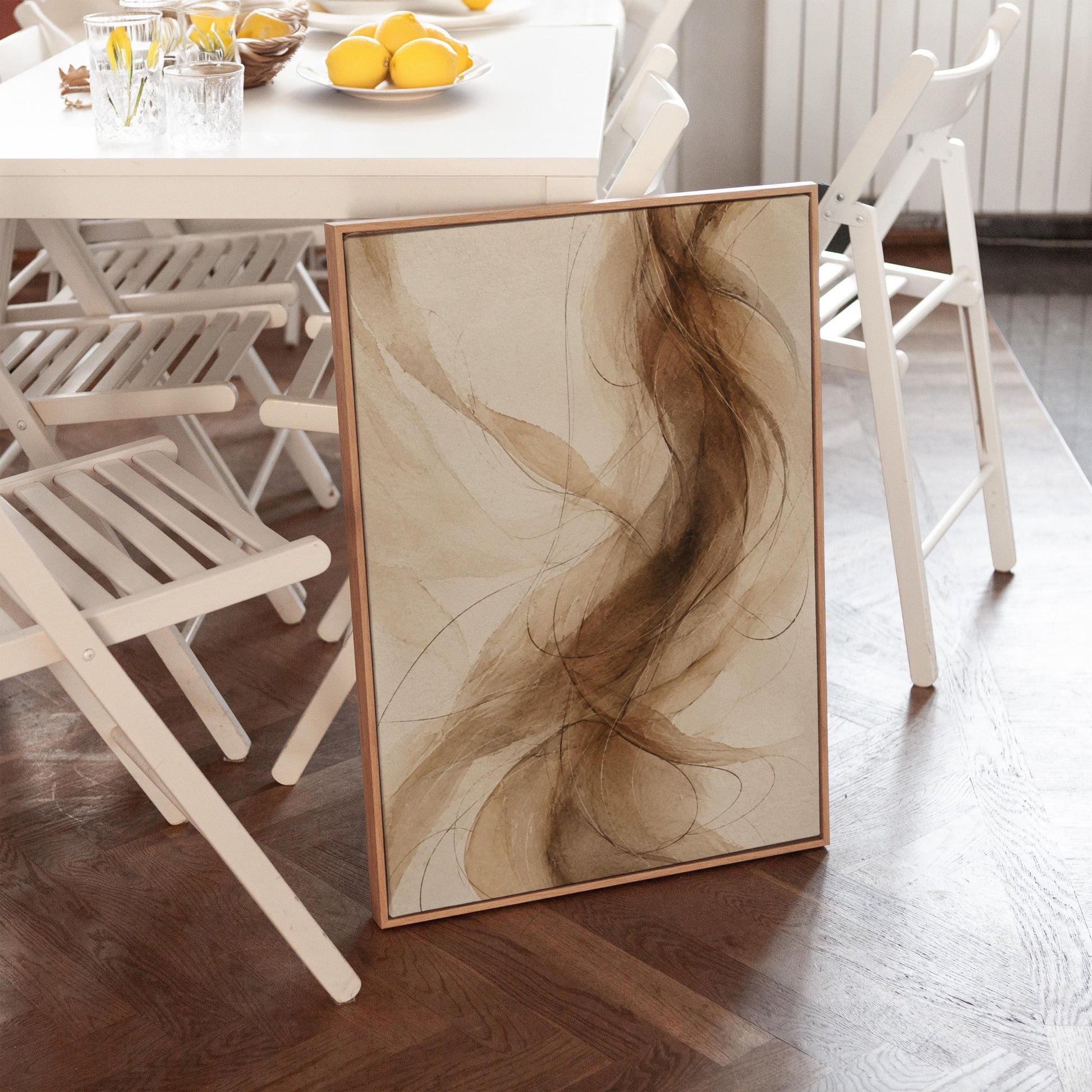 Wispy brown strands flowing across cream background, canvas wall art styled against a soft white wall