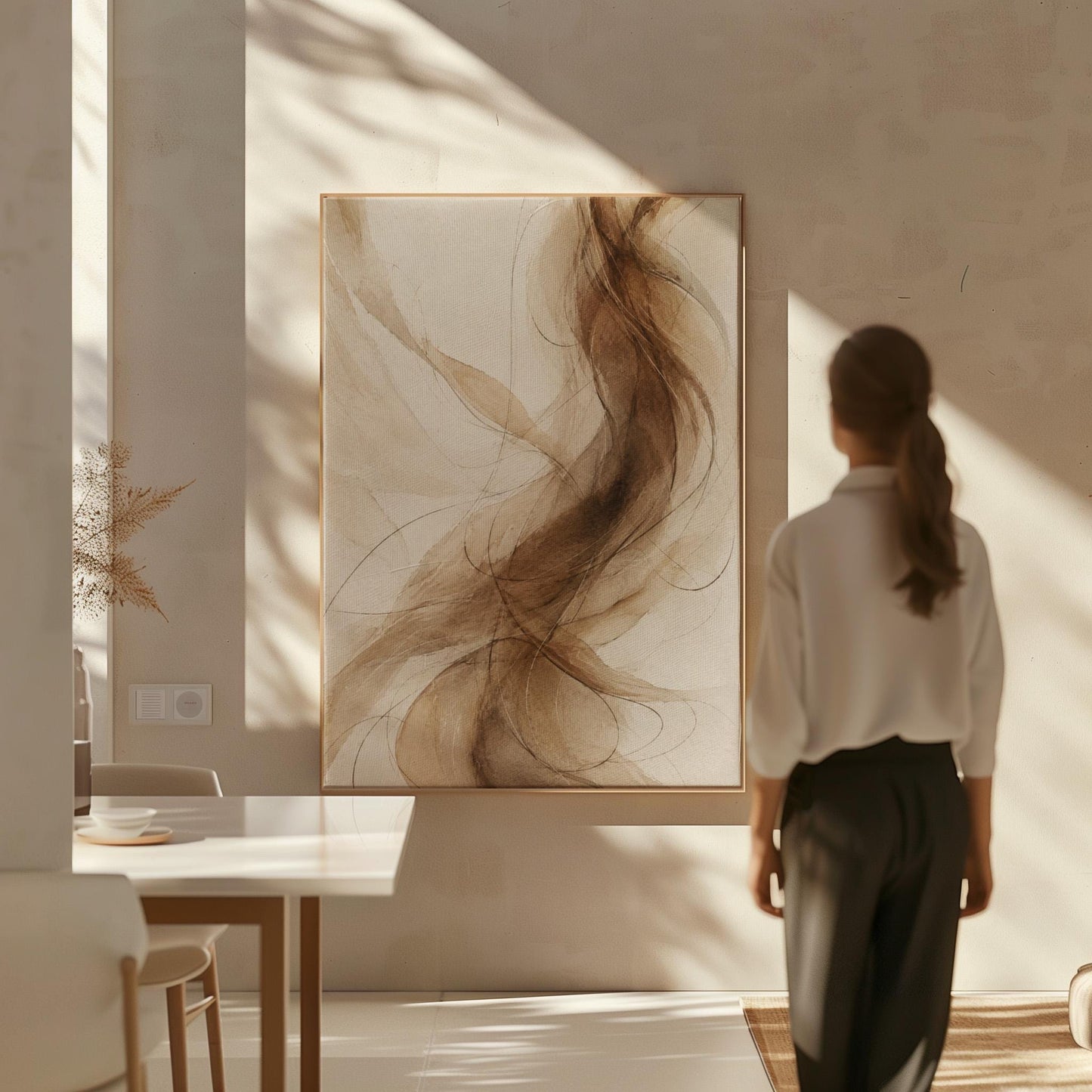 Wispy brown strands flowing across cream background, canvas wall art seen in a warm interior with natural light