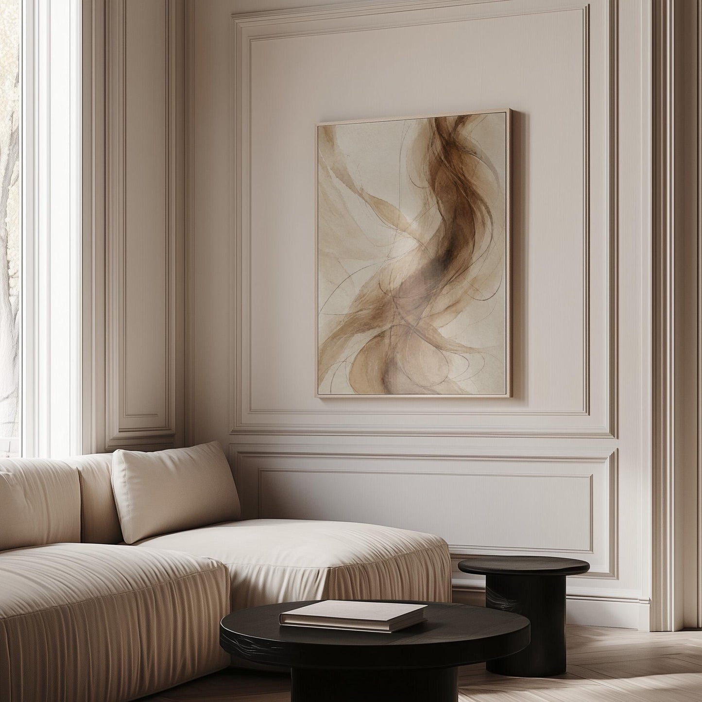 Wispy brown strands flowing across cream background, canvas wall art presented in a light, minimal room